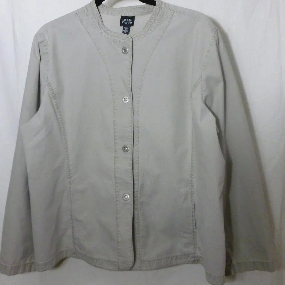 Eileen Fisher XL Slim Cut Gray Thin Cotton Layering Jacket Lagenlook Silver Snap